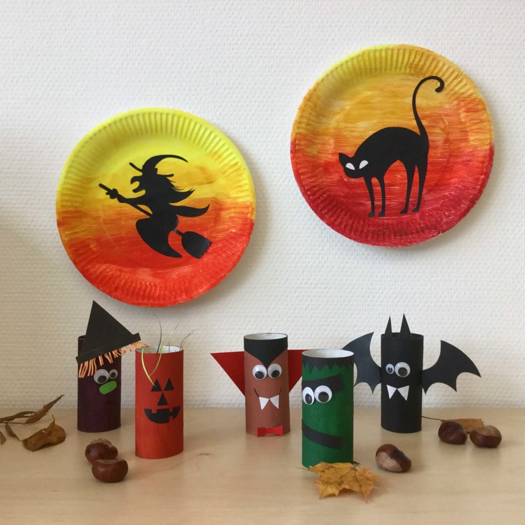 Halloween Deko basteln aus Klopapierrrollen und Papptellern
