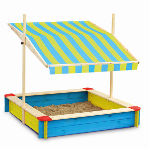 Sandkasten aus Holz - mit Dach - blau/gelb