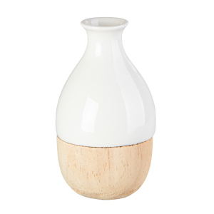 Vase weiß/braun bauchig - aus Dolomit und Holz - ca. 8 x 8 x 15 cm