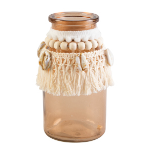 Vase mit Makramee und Muscheln - braun/creme mit Muscheln - aus Glas - ca. 6,5 x 12,5 cm