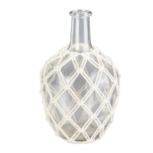 Vase in Flaschenform - mit Makrameenetz - aus Glas und Textil - ca. 16 x 26 cm