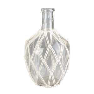 Vase in Flaschenform - mit Makrameenetz - aus Glas und Textil - ca. 19 x 32 cm