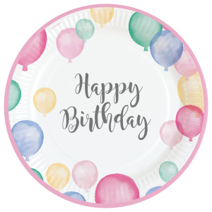 8 Teller - Happy Birthday - Pastellfarben - Ø = ca. 23 cm