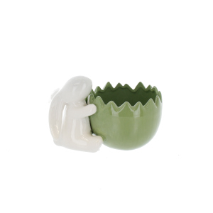 Hase mit Eierschalentopf weiß/hellgrün - ca. 13,5 x 8,5 x 8 cm