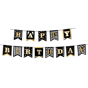 Buchstabengirlande - Happy Birthday - schwarz, weiß, gold - ca. 2 x 200 cm