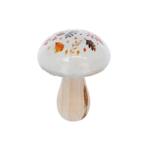 Pilz mit Blättermotiv - weiß/braun - ca. 7,5 x 7,5 x 10 cm