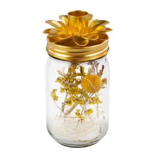 Kerzenhalter mit Trockenblumen gold/gelb - ca. 8 x 8 x 15,5 cm
