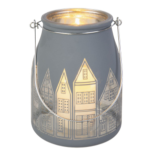 Windlicht - Laterne mit Henkel - Häuser - grau - ca. 13 x 15 cm
