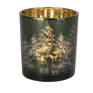 Teelichtglas - Hirsch im Wald - dunkelgrün - ca. 7 x 8 cm