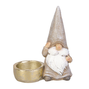 Wichtel mit Teelichthalter - braun/weiß/gold - ca. 9,5 x 5 x 11 cm