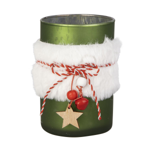Teelichtlgas mit Kunstfell - grün/weiß/rot - 8 x 11,5 cm