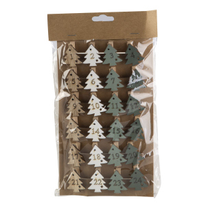 Adventskalenderclips Bäume - braun/weiß/grün - ca. 3,5 cm - 24 Stück