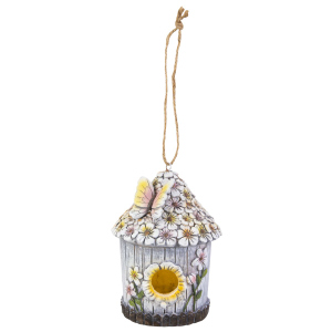 Vogelhäuschen grau/weiß/rosa - ca. 13,4 x 13 x 19 cm