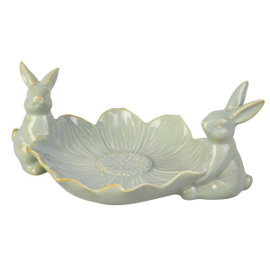 Hasen mit Dekoschale Blume grau - ca. 23,5 x 16,2 x 9,5 cm