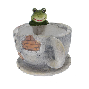 Übertopf Tasse mit Frosch grau/braun/grün - ca. 33 x 21 x 20 cm