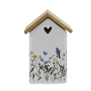 Haus mit Blumen weiß/braun - ca. 9 x 8,4 x 16 cm