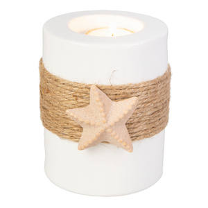 Teelichthalter mit Seil und Seestern - braun/weiß - ca. 10,5 x 9,2 x 11,5 cm