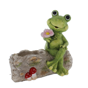 Übertopf Frosch auf Ast grün/braun/rosa - ca. 38 x 18,5 x 36,5 cm