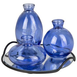 Vasen 3er Set auf Spiegelplatte - blau/silber/schwarz - ca. 18 x 13 cm