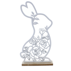 Hasen Silhouette auf Platte weiß/braun - ca. 15,5 x 4,2 x 30 cm