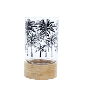 Windlicht Palmen - mit Holzstandfuß - klar/schwarz/braun - ca. 8,5 x 15 cm