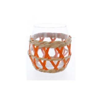 Teelichtglas mit Netzdeko - klar/braun/orange - ca. 9,5 x 10 cm