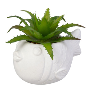 Übertopf - Fisch - mit Kunstpflanze - weiß - ca. 7,5 x 5 x 10 cm