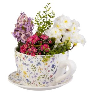 Pflanztasse Blumen weiß/bunt - ca. 23 x 19 x 12 cm