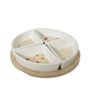 Tapas Set - Holztablett mit 4 Keramikschalen im Pfirsichmotiv - ca. Ø 22 x 4,5 cm 