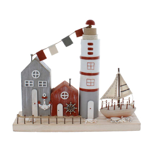 Standdeko - Leuchtturm und Bootshäuser braun/schwarz/weiß - ca. 24,5 x 7 x 22 cm