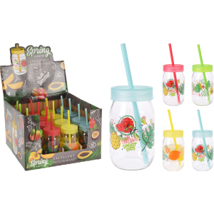 Trinkbecher mit Motiv - mit Strohhalm und Deckel - Glas - ca. 370 ml - 1 Stück