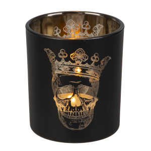 Windlicht - Totenkopf schwarz/gold - ca. 7 x 8 cm