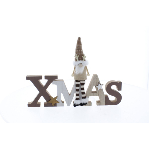 Schriftzug XMAS mit Wichtel - braun - ca. 29,5 x 3,9 x 21,5 cm
