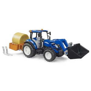 Traktor New Holland T5.120 mit Frontlader, Ladekasten, Gabeln und Rundballen