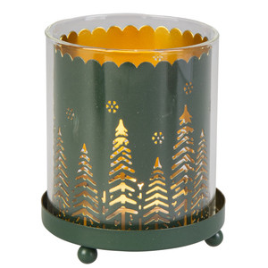Windlicht Tannenwald - grün/rot - Metall und Glas - ca. 7,5 x 9,5 cm - 1 Stück