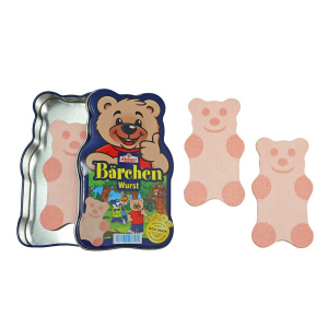 Kaufladenzubehör - Reinert Bärchen-Wurst - aus Holz - in Bärchen-Metalldose