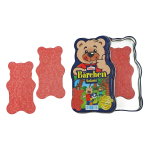 Kaufladenzubehör - Reinert Bärchen-Salami - aus Holz - in Bärchen-Metalldose