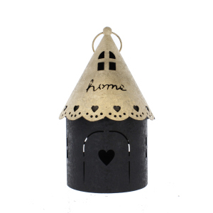 Windlicht Haus - schwarz/gold - ca. 15 x 15 x 26 cm