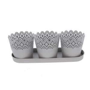 3 Pflanztöpfe mit Tablett - grau
