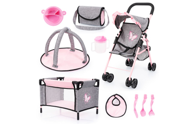 Puppenzubehör Set - mit Buggy und Reisebett