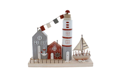 Standdeko - Leuchtturm und Bootshäuser braun/schwarz/weiß - ca. 24,5 x 7 x 22 cm