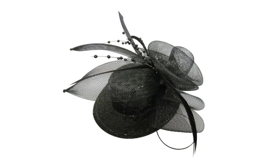 Mini-Hut - mit Pailetten, Tüll und Federn - schwarz 