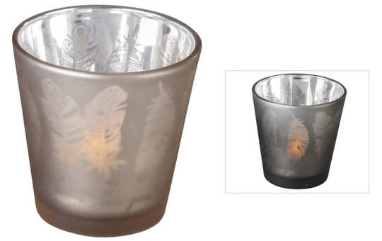 Teelichtglas - Federn - 6,5 x 6,5 cm - verschiedene Farben 