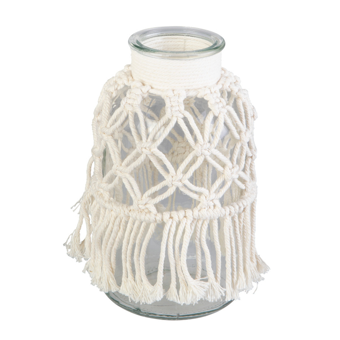 Vase in Makrameenetz - aus Glas und Textil - ca. 6,5/10 x 20 cm