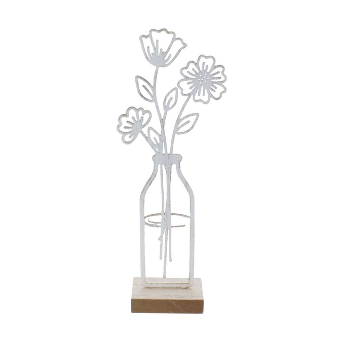 Standdeko - Vase mit Blumen - weiß/braun - ca. 20 x 5,5 x 4 cm