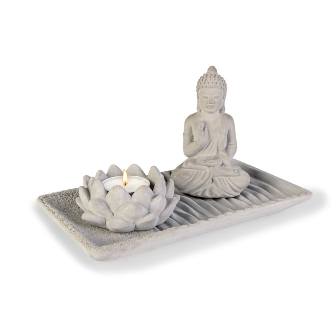 Dekoset - Buddha und Teelichthalter - Zement - grau