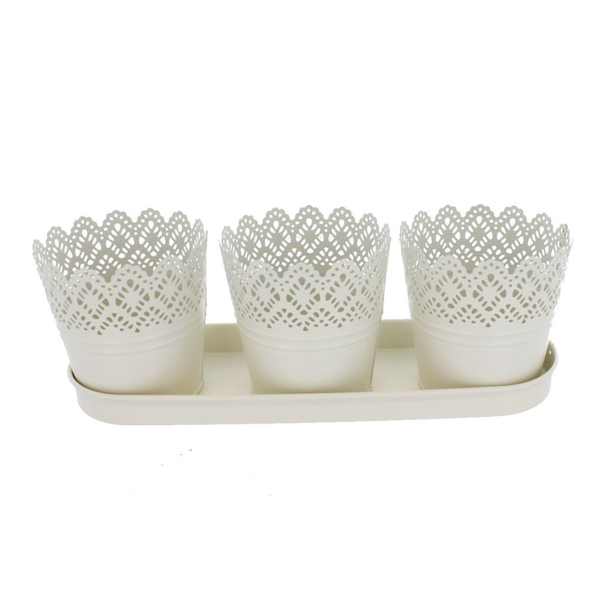 3 Pflanztöpfe mit Tablett - beige