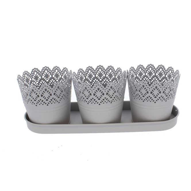 3 Pflanztöpfe mit Tablett - grau