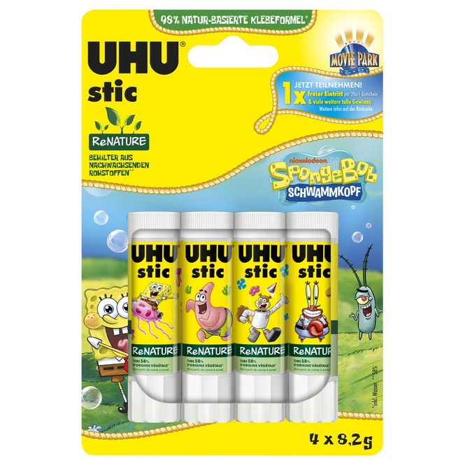 Spongebob - 4 UHU Klebestifte - 4 x ca. 8,2 g - Vorteilspack