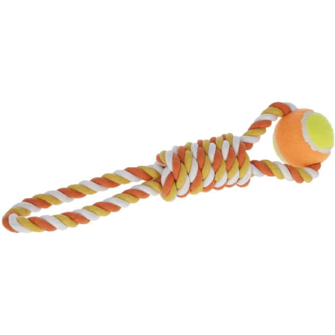 Hundespielzeug - Zugspielzeug mit Tennisball - orange/gelb 